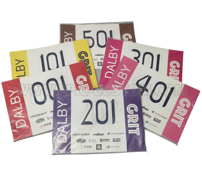 Custom printed Tyvek runner race bib numbers produced for the Dolby Grit trail running event.
