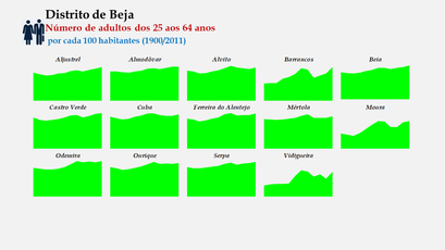 Distrito de Beja – Evolução comparada dos concelhos relativa ao grupo etário dos 25 aos 64 anos (1900-2011)