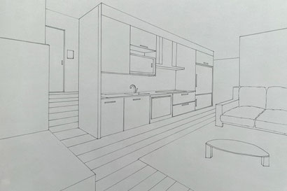 perspective studio cuisine moderne intégrée canapé lit escamotable parquet table basse avec tapis