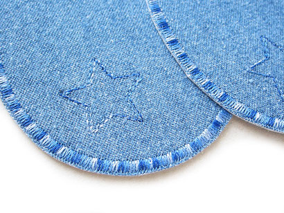 Bild: blaue Knieflicken zum aufbügeln, schlichte Jeansflicken mit Stern, Aufnäher Hosenflicken zum aufbügeln