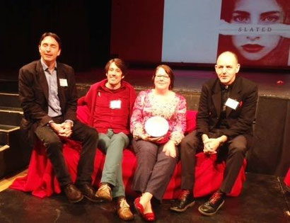 the authors on the red sofa: from left, Matt Dickinson (red socks & hat-that-made-brief-appearance), David Massey (lots of red!), me (red pattern top, with lucky red shoes), and Chris Priestley (red laces, red handkerchief)!