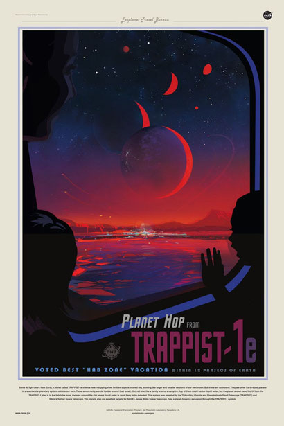 Póster de TRAPPIST-1e: "Saltos de planeta desde TRAPPIST-1e, votada la mejor vacación en zona habitable, a 12 pársecs de la Tierra". / NASA-JPL/Caltech