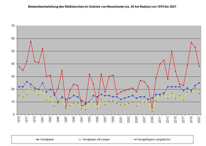 Entwicklung des Storchenbestandes in Neumünster und Umgebung von 1975 bis 2021. Zum Vergößern bitte auf die Grafik klicken.