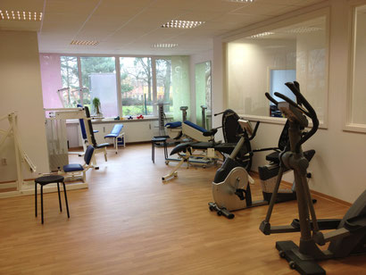 Fitnessraum mit verschiedenen Trainingsgeräten wie Crosstrainer, Rudergerät, Hantelbank und Kletterwand, helle Fenster und Holzfußboden