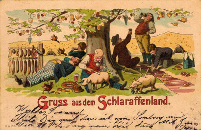 Le Pays de Cocagne, sur une carte postale allemande, vers 1900