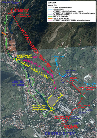 Tracciato ANAS, in rosso, e tracciati alternativi (in giallo e viola) funzionali al solo superamento di Serravalle.