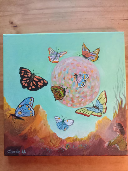 Papillons, fond intuitif. Acrylique. 30X30 cm. Disponible. 140€.