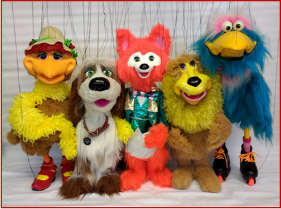 Colorful Puppets Please Marionettes pose for a photo