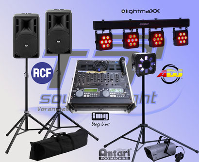 RCF Musikanlage mieten + Lichttechnik mieten mit LED System und Quadphase Strahleneffekt, sowie Nebelmaschine!