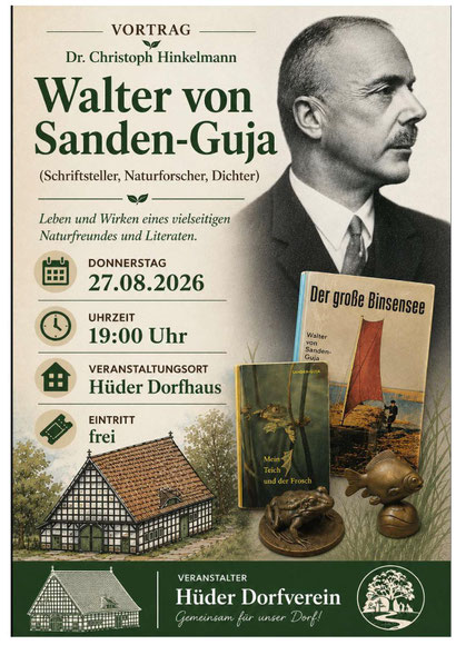 Plakat zum Vortrag zum Dichter Sanden-Guja am 27.8.26 im Hüder Dorfhaus