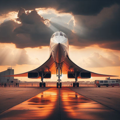 KI-Concept: Concorde der Zukunft - Frontansicht auf der Startbahn