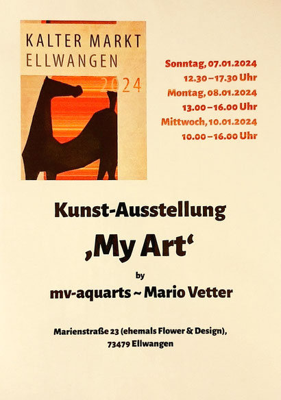 Plakat Kalter Markt Ellwangen 2024 von mv-aquarts, Mario Vetter, Kunstausstellung mit Acrylbildern und Aquarellen