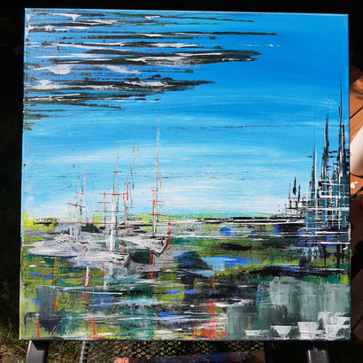 Acryl, bunt, blauer Himmel, Meer, Hafen, Mario Vetter