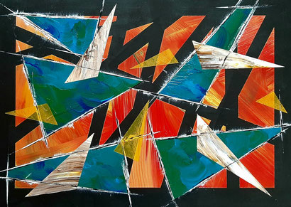 bunte Formen, Dreiecke, Linien, Acryl auf Leinwand, 70 x 50 cm