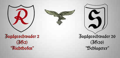 Gli stemmi del Jagdgeshwader 2 e26 dedicati ai due assi Manfred Von Richtofen "Il barone rosso" e Albert Leo Schlageter. (Prima Guerra Mondiale)