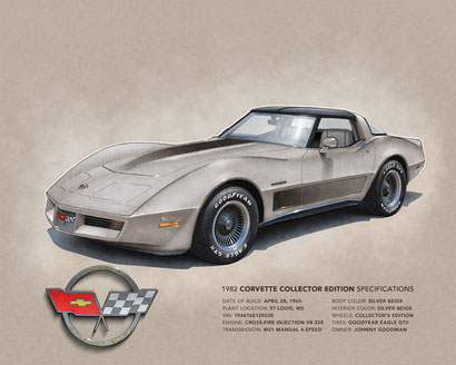 The printed drawing of the 1982 Corvette Collector Edition in the 11x14-inch format