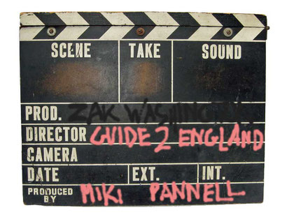 vintage clapper-board graphic with the words ZakWashington's Guide to England written in pink