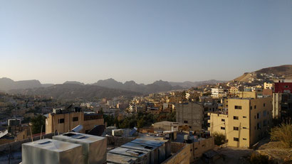 The view from the rooftop chill area at the Saba'a Hotel, Wadi Musa, Petra, Jordan.