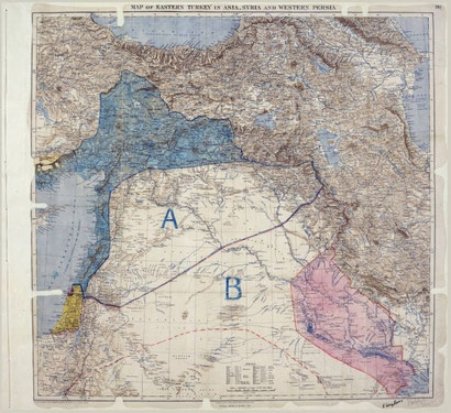 Karte vom 8. Mai 1916: Mark Sykes und François Picot teilen die Levante in eine französische „blaue Zone“ A, eine britische „rote Zone“ B und ein international verwaltetes Palästina. 