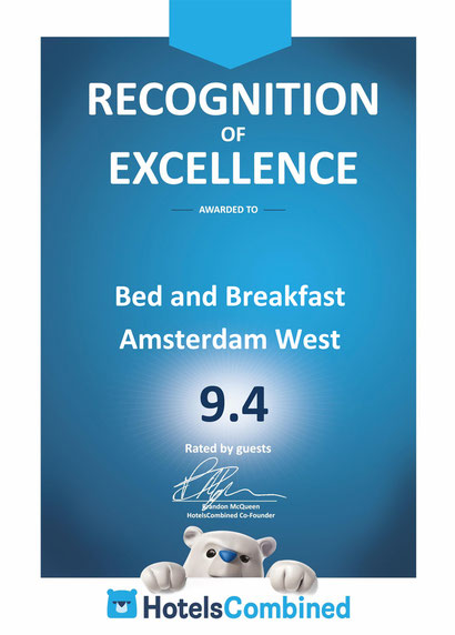 Recognition of Excellence Award hotelscombined for bed and breakfast amsterdam west 9.4/10