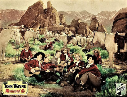 This relaxed scene from John Wayne's "Westward Ho" was shot in front of a rock formation at Horseshoe Meadow.