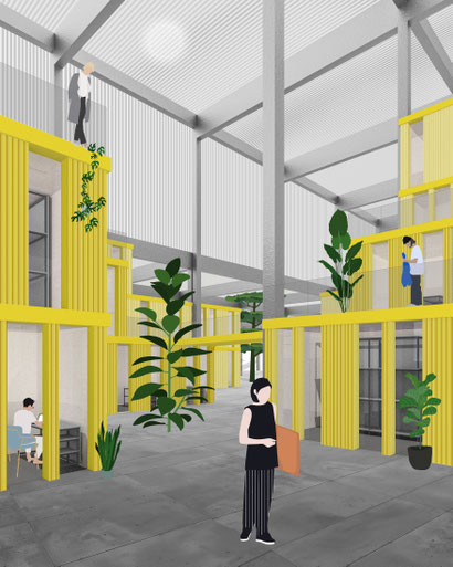 architectural collage visualization of the interior design of digital university Linz (IT:U) as an adaptive reuse project in a former factory, modular house in house system in a former industrial hall 