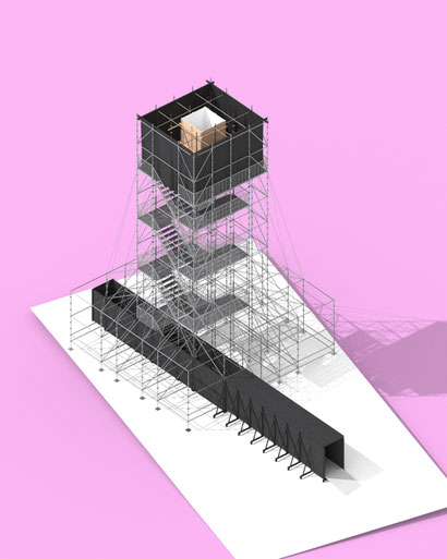 axonometric visualization of a public tower made of scaffolding on Linz's main square for the Ars Electronica Festival - architectural art installation for the University of Arts Linz