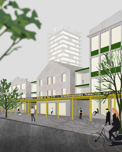 architectural collage visualization of the facade of the digital university Linz (IT:U) upper Austria as an adaptive reuse project in a former factory 