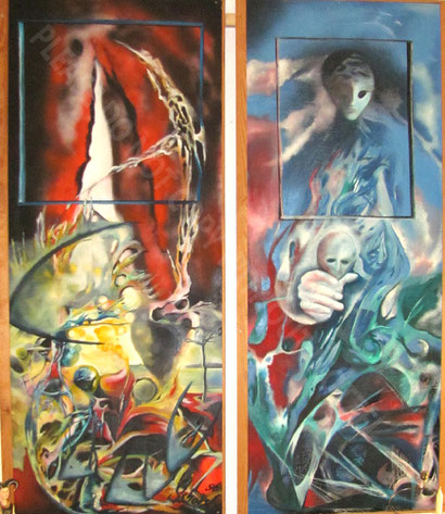 Aquarius - juergen motzel - painting- oil on wood . red and blue surreal figures