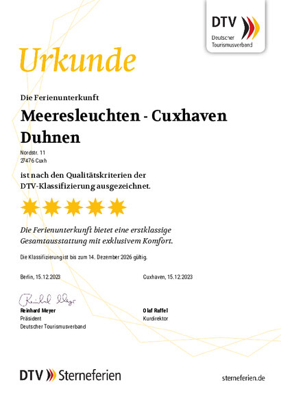 Urkunde über die 5-Sterne-Auszeichnung vom Deutschen Tourismusverband