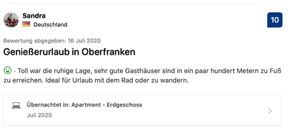 Genießerurlaub in Oberfranken Gefallen  · Toll war die ruhige Lage, sehr gute Gasthäuser sind in ein paar hundert Metern zu Fuß zu erreichen. Ideal für Urlaub mit dem Rad oder zu wandern. Übernachtet in: Apartment - Erdgeschoss