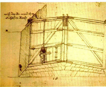 Dessin de Léonard de Vinci - Portes avec la "trappe" de remplissage