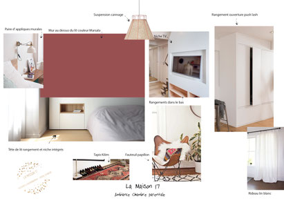 planche ambiance chambre décoration mobilier sur mesure tête de lit fauteuil papillonluminaire  la maison 17 architecture interieure quimper finistere