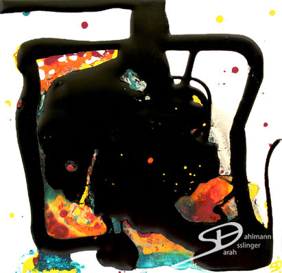 Sarah Esslinger-Dahlmann, lodernd, April 2013, 30 x 30 cm, Acrylfarbe, Mischtechnik auf Leinwand, abstraktes, kraftvolles, farbintensives Werk, asiatisch anmutende schwarze eckige Form, dazwischen feuriges gelb-rot mit türkis