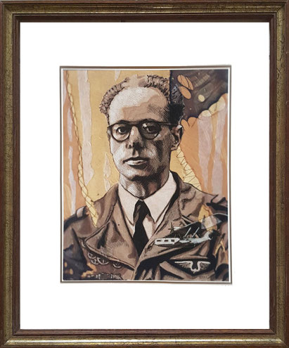 Portrait brodé et peint d’un homme en uniforme, mêlant art textile et mémoire familiale. L’œuvre évoque l’héritage, la transmission à travers des tissus et du fil, de matières et de symboles. Art contemporain et fibre sensible.