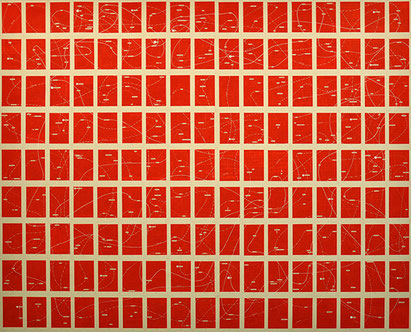 Ein Zimmer für sich allein, 2019, 147 x 142 cm, rote Acrylfarbe, Graphit, weißer Gelstift auf Alu-Dibond