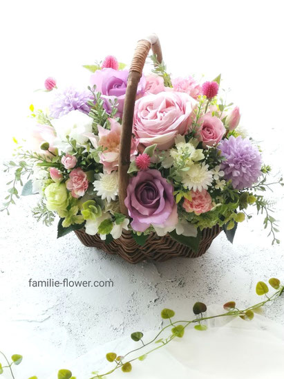 退職祝い花 ピンクのバラの造花アレンジ
