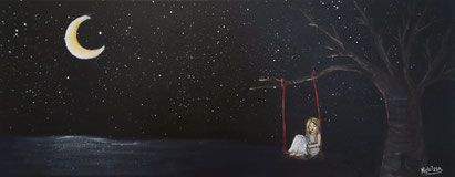 surreal nihonga painting japanese technique blond girl is sitting on a swing which hangs one a tree above the water at night the moon and the stars are shining 
