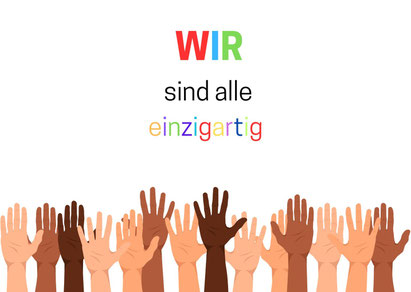 viele Hände sind nach oben gestreckt zum Schriftzug Wir sind alle einzigartig