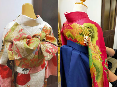 写真：袴、振り袖着付けの様子、飾り結びの帯