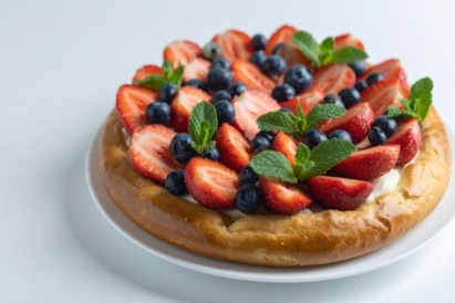 いちご、ブルーベリー、ミントの葉があしらわれたタルトケーキ。