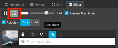 Use a Photo Gallery Element in Slideshow mode, select List View, then add a link to the different blog posts.