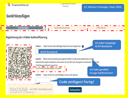 Ist der Code eingefügt und gespeichert, öffnen sich deine Daten von Finanzonline!