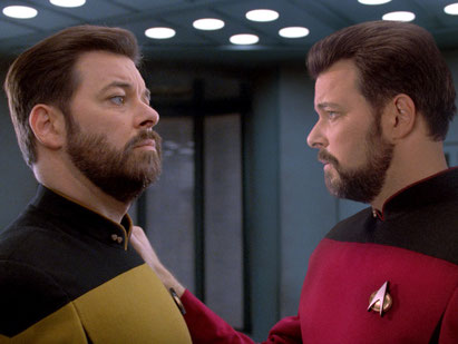 Image of two Rikers confronting each other from a Star Trek: The Next Generation episode. One of the Rikers is a result of a transporter accident.