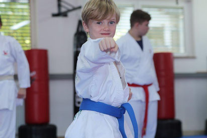 Karate Kind macht eine Fausttechnik und fühlt sich förmlich wohl. 