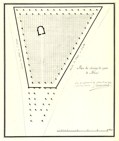 Plan du « Champ de Repos » de Bléré le 20 Thermidor an X (8 août 1802) avec emplacement de la Chapelle de Guillaume de Seigne
