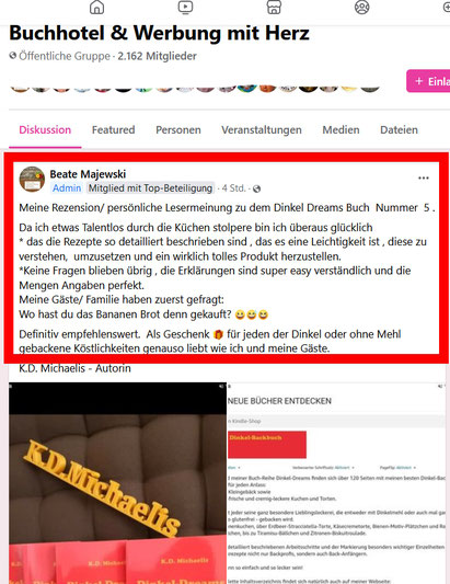 Lesermeinung/Rezension/Leser-Feedback/So gefällt Dinkel-Dreams 5: Tolles Feedback zu Dinkel-Backbuch Dinkel-Dreams 5 von Beate Majewski auf Facebook. Screenshot K.D. Michaelis