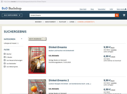 Screenshot des BoD-Buchshops mit meinen kombinierten Koch- und Backbüchern Dinkel-Dreams 1 und Dinkel-Dreams 2 von K.D. Michaelis
