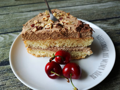 1 Stück selbstgebackene, cremige Mokka-Torte mit Dinkel-Biskuitboden nach einem Rezept aus Dinkel-Dreams 5 von K.D. Michaelis