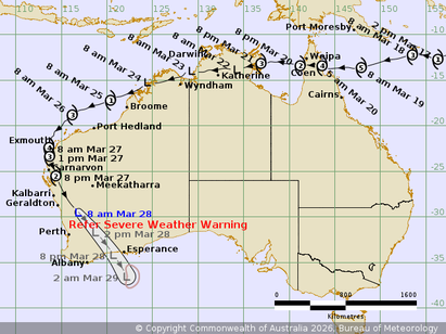 Track map of tropical cyclone Narelle, 28/03/2026. From www.bom.gov.au.